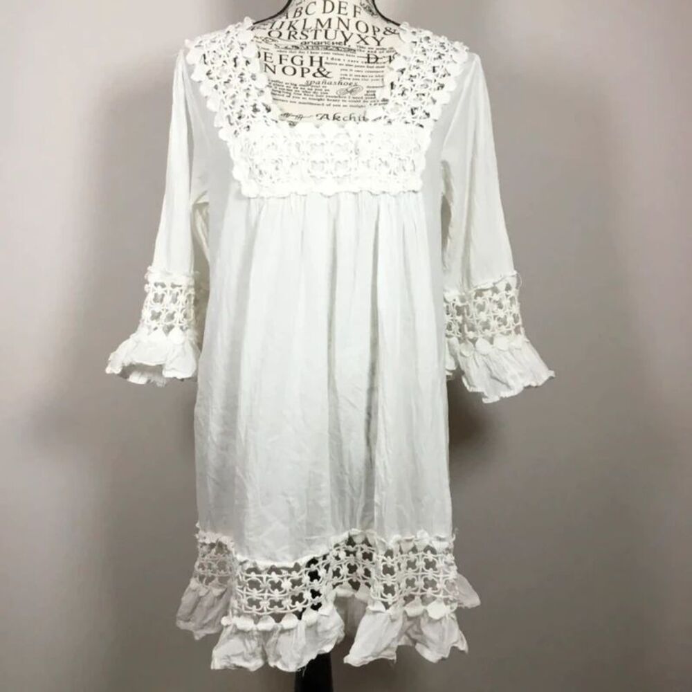 White gauzy 100% cotton tunic dress square neck crochet neck hem and cuff sz M